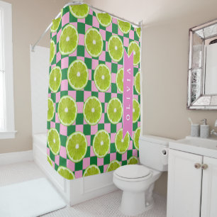 Personalized Lime Gingham Citrus Custom Name Shower Curtain