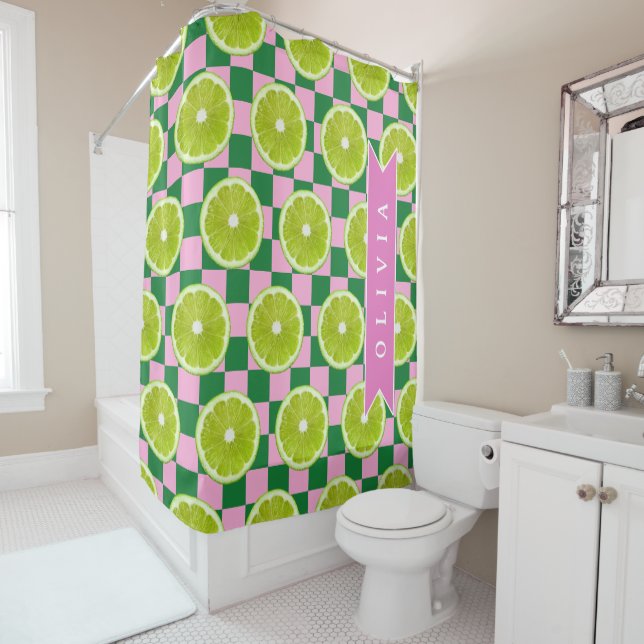 Personalized Lime Gingham Citrus Custom Name Shower Curtain (In Situ)