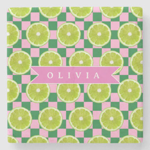 Personalized Lime Gingham Citrus Custom Name Stone Coaster