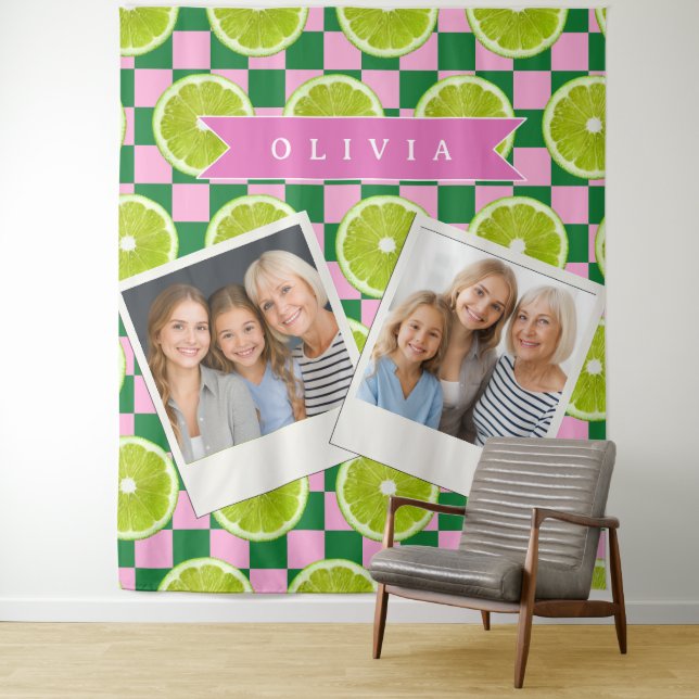 Personalized Lime Gingham Citrus Custom Name Tapestry (In Situ)