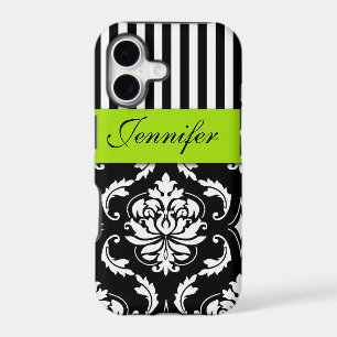 PERSONALIZED LIME GREEN, BLACK DAMASK STRIPED