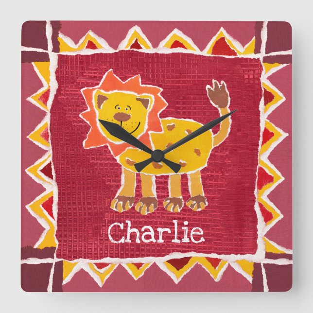 Personalized Lion Collage Print Square Wall Clock (Front)