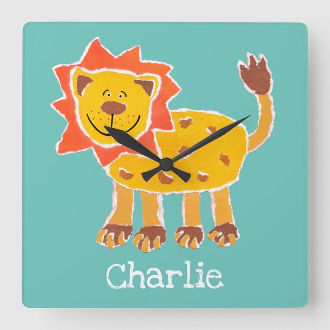 Personalized Lion Collage Print Square Wall Clock (Front)