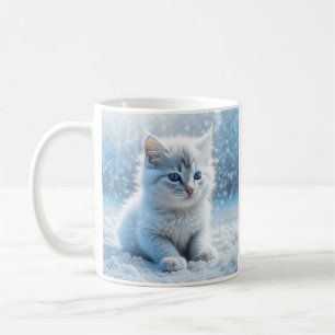 Personalized Little White Kitten in Snow Coffee Mug
