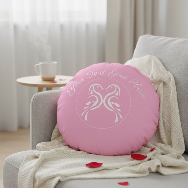 Personalized Love Birds Pink Valentine's Day Round Cushion (Creator Uploaded)