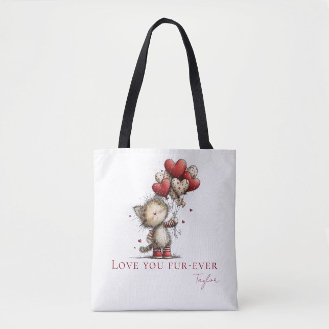 Personalized Love You Fur-Ever Cat & Balloons Tote Bag (Front)