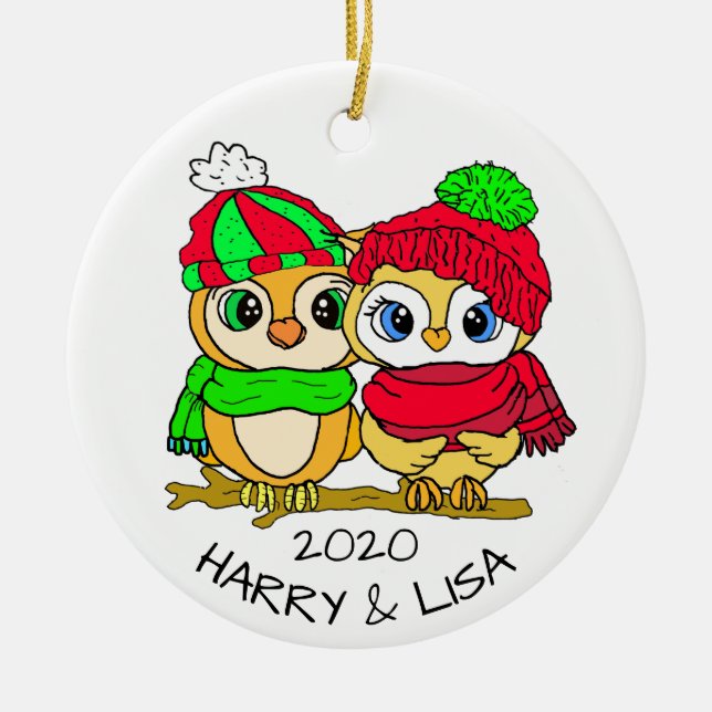 Personalized Lovebirds Owls Christmas Ceramic Tree Decoration (Front)