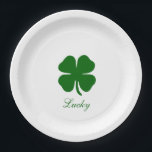 Personalized Lucky Green Clover Paper Plate<br><div class="desc">Simple Lucky Irish Four Leaf Clover Emerald Green Shamrock Design - Customize it with your own personalized names,  words,  colors! 

With a grateful heart, 
Anya Powell</div>
