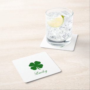Personalized Lucky Green Clover Square Paper Coaster