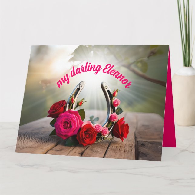 Personalized Lucky Horseshoe and Roses Love Card (Front)