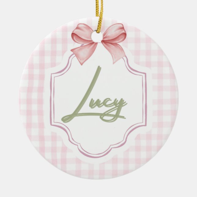Personalized Lucy Baby Girl Nursery Bow&Gingham Ceramic Tree Decoration (Front)