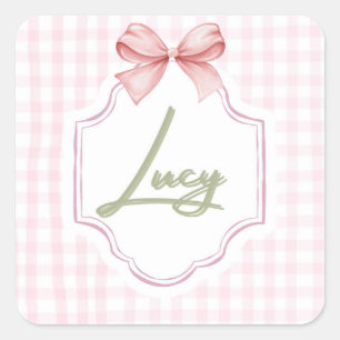 Personalized Lucy Baby Girl Nursery Bow&Gingham Square Sticker