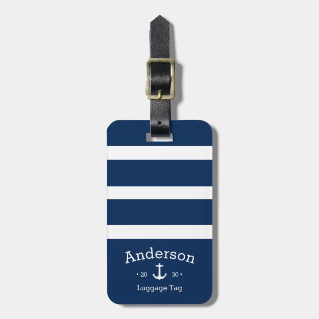 Personalized Luggage Tag - Blue & White Nautical (Front Vertical)