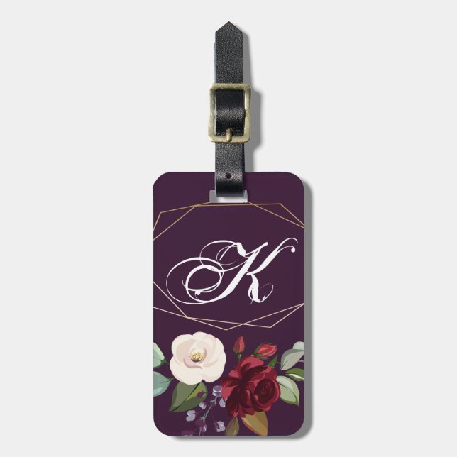Personalized Luggage Tag Plum Purple Roses Gold Ge (Front Vertical)