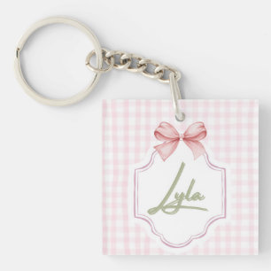 Personalized Lyla Baby Girl Nursery Bow&Gingham Key Ring