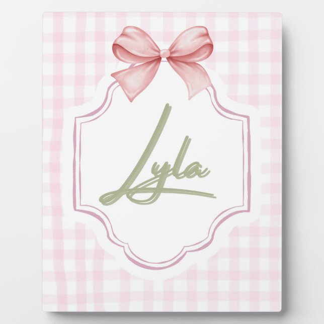 Personalized Lyla Baby Girl Nursery Bow&Gingham Plaque (Front)