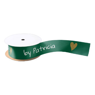 Personalized Made With Love Green And Gold Heart Satin Ribbon