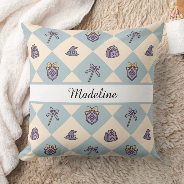 Personalized Magical Girl Name Blue Checkered Cushion (Blanket)