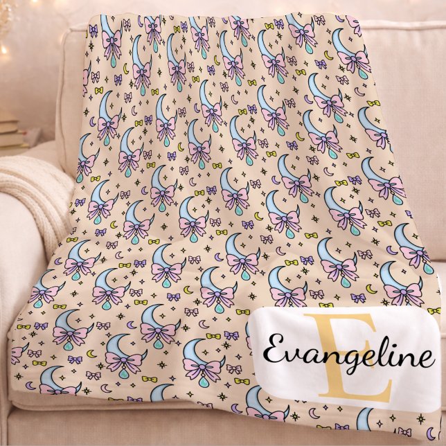 Personalized Magical Moon Bow Peach Pastel Pattern Fleece Blanket (Creator Uploaded)