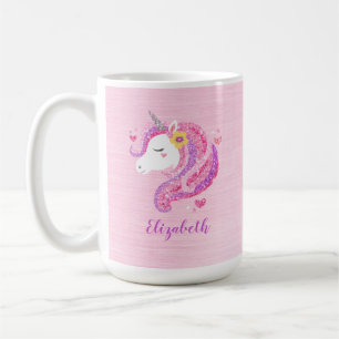 Personalized Magical Pink Glitter Unicorn Face Coffee Mug