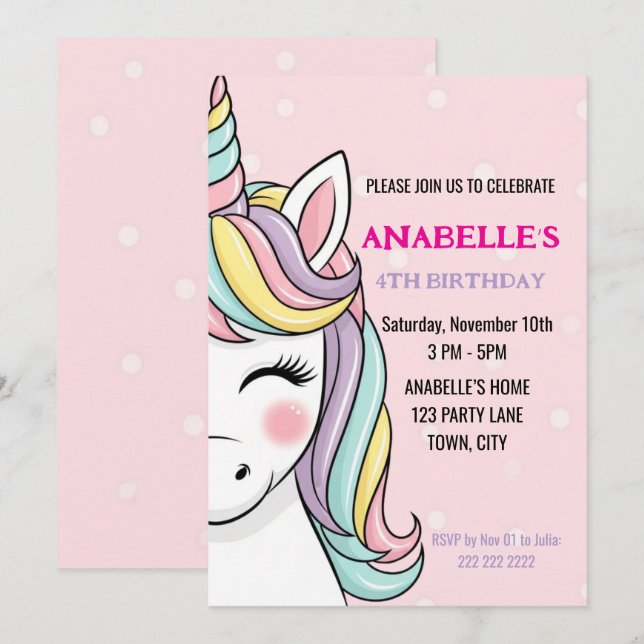 Personalized Magical Unicorn Birthday  Invitation (Front/Back)