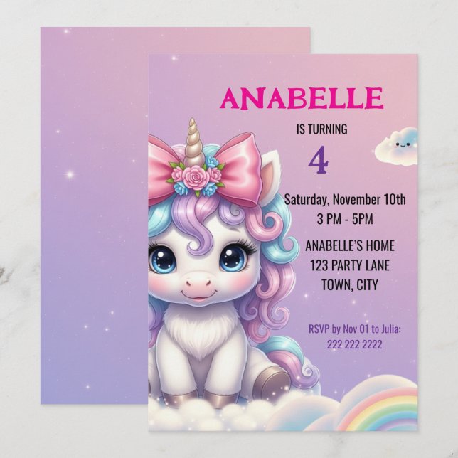Personalized Magical Unicorn Birthday Invitation (Front/Back)