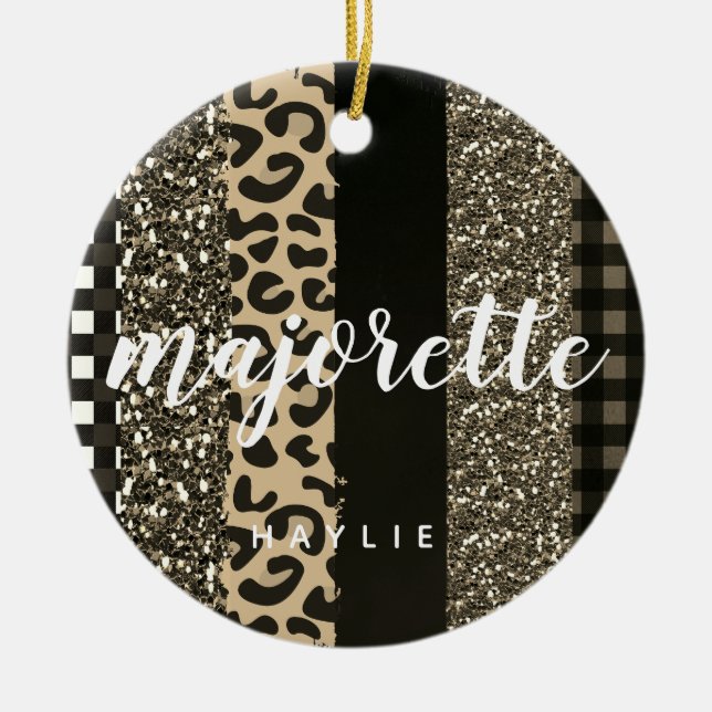 Personalized Majorette Faux Cheetah and Glitter Ceramic Tree Decoration (Front)