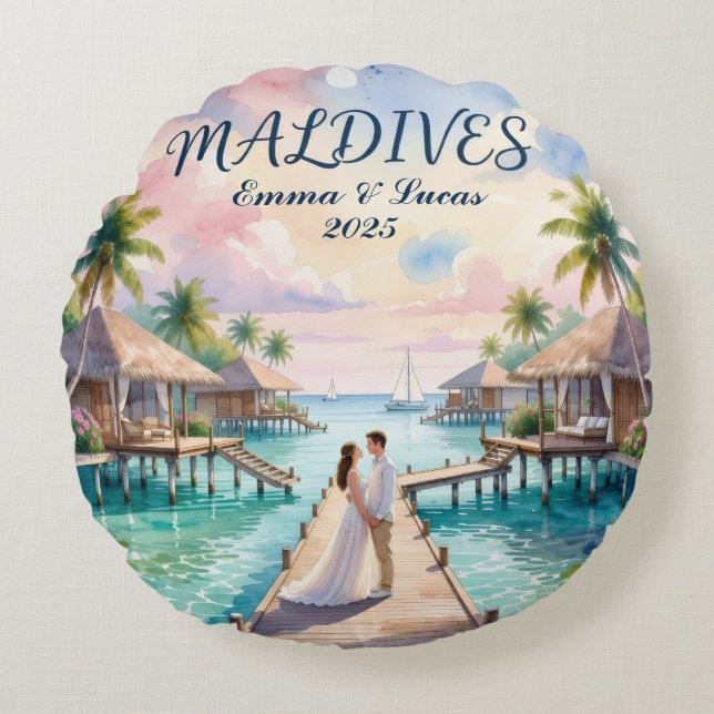 Personalized Maldives Honeymoon Round Cushion (Front)