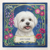 Personalized Maltese Dog Blue Floral Coaster