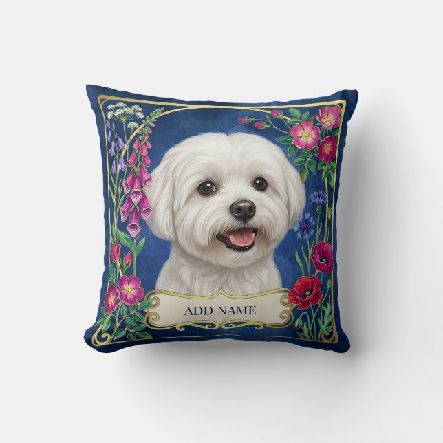 Personalized Maltese Dog Blue Floral Cushion (Front)