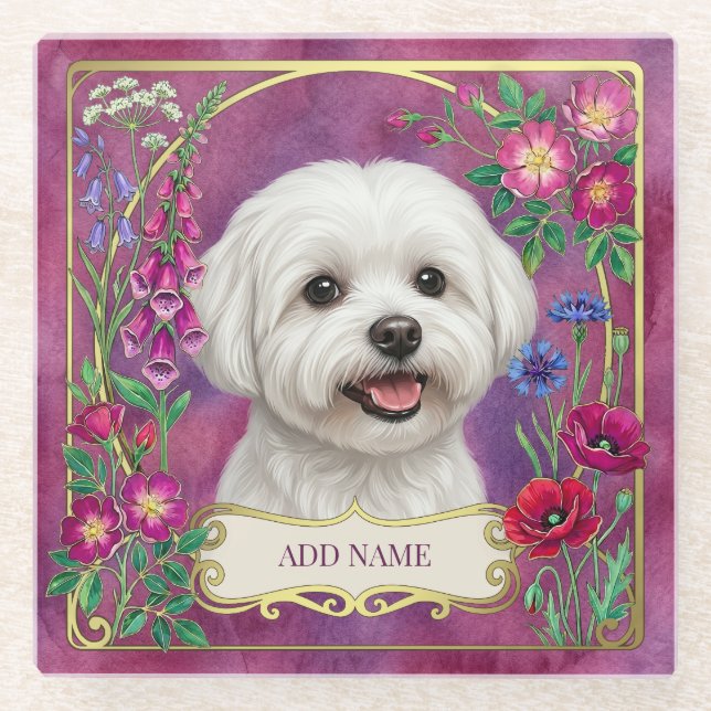 Personalized Maltese Dog Pink Glass Coaster (Front)