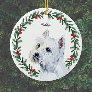 Personalized Maltese Dog Red Green Holiday Wreath Ceramic Tree Decoration