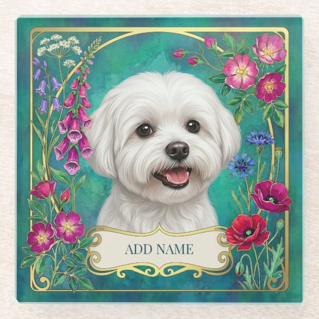 Personalized Maltese Dog Teal Glass Coaster (Front)