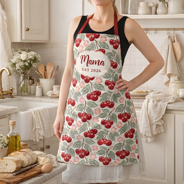Personalized Mama Cherry Apron | Custom Name & Est (Mama Apron with Vintage Cherry Pattern.  Personalized Mama EST Apron- great gift for new moms)