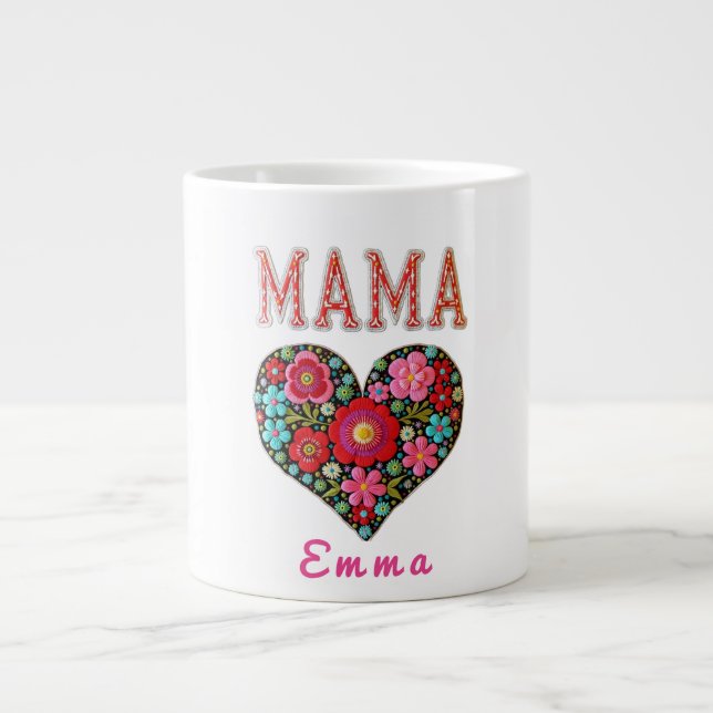 Personalized Mama Heart Floral Custom Gift Large Coffee Mug (Front)