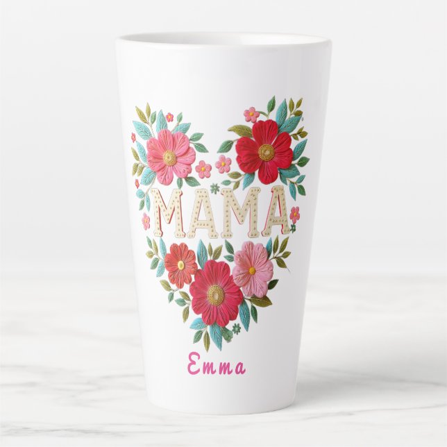 Personalized Mama Heart Floral Custom Gift Latte Mug (Front)