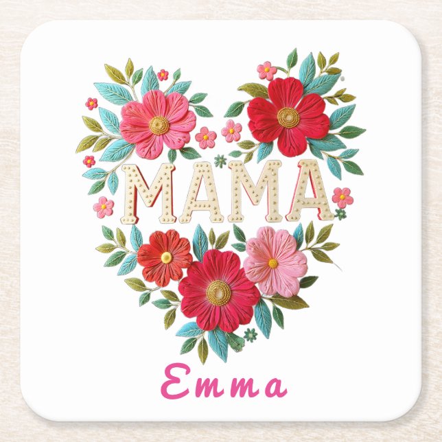 Personalized Mama Heart Floral Custom Gift Square Paper Coaster (Front)