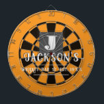 Personalized Man Cave Custom Bar Name Dartboard<br><div class="desc">Faux wooden background with monogram and family name in center of the board. Other colors available in the shop. This fun template lets you create your own personalized man cave "your name" whiskey or bbq backyard bar dart board sign. Unique fun gift</div>