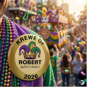 Personalized Mardi Gras Krewe Family Jester Hat 6 Cm Round Badge