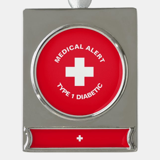 Personalized Medical Alert  Diabetic Red  Silver Plated Banner Ornament (Front)