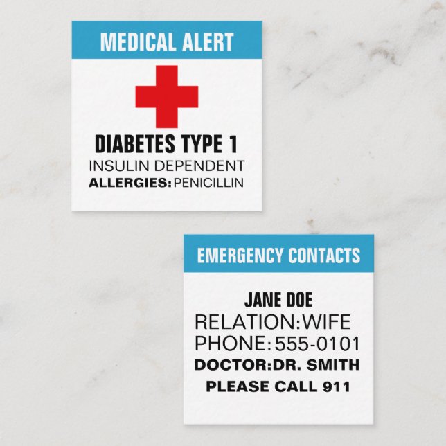 personalized Medical Alert ID Card (Front/Back)