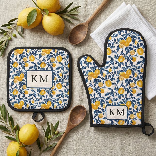Personalized Mediterranean Lemon  Oven Mitt & Pot Holder Set (personalized monogram initials lemon mediterranean oven mitt and pot holder)
