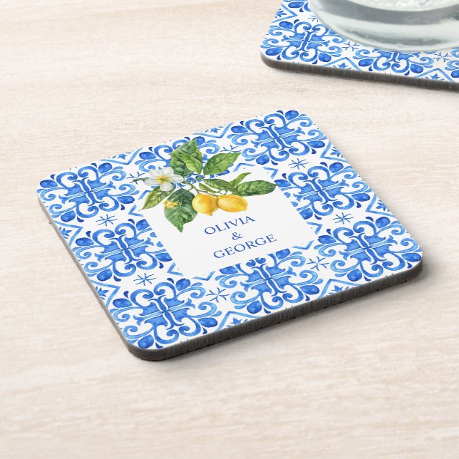 Personalized Mediterranean lemons wedding blue  Coaster (Left Side)