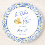 Personalized Mediterranean Tile Newlywed Home Coaster<br><div class="desc">A sand stone coaster for newlywed's home featuring Mediterranean tile patterns, elegant script calligraphy, and a playful watercolor gelato ice cream design. Inspired by Italian coastal home decor and the sunny charm of the Amalfi Coast, this modern stylish barware captures the spirit of la dolce vita with bright blue and...</div>