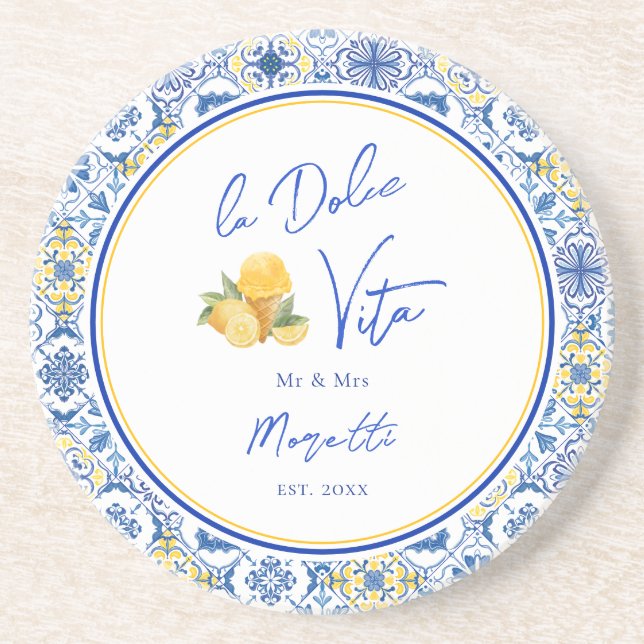 Personalized Mediterranean Tile Newlywed Home Coaster (Front)