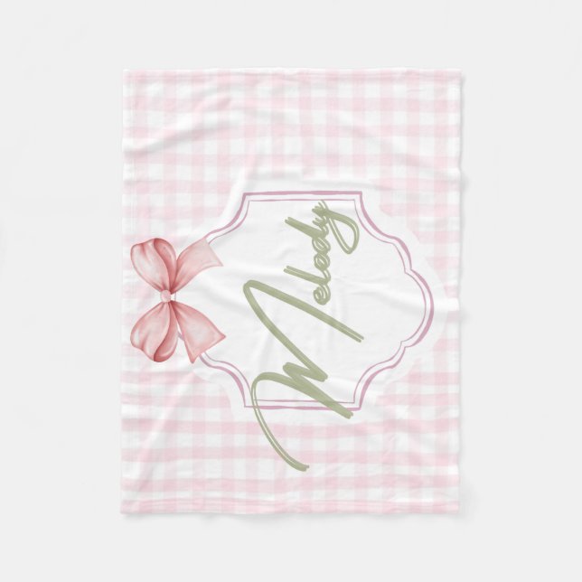 Personalized Melody Baby Girl Nursery Bow&Gingham Fleece Blanket (Front)