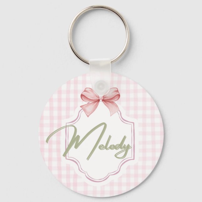 Personalized Melody Baby Girl Nursery Bow&Gingham Key Ring (Front)