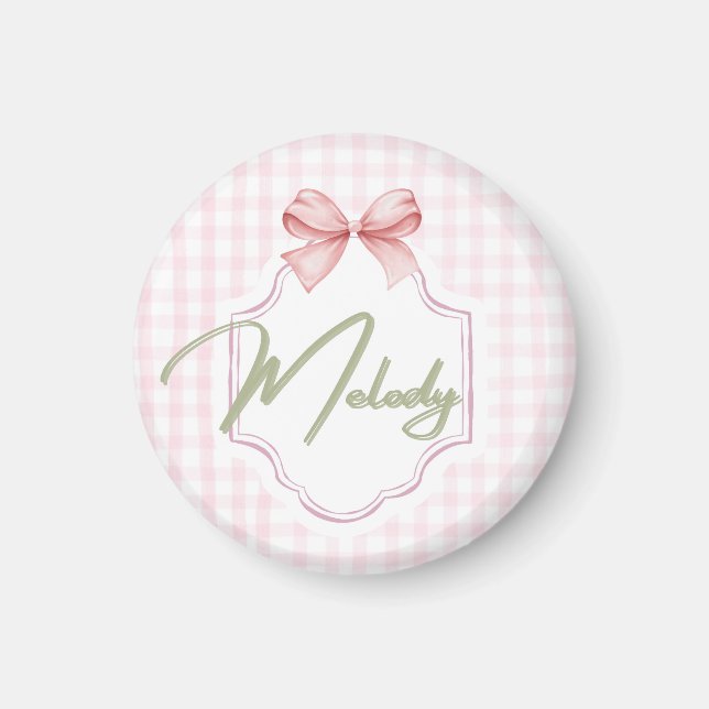 Personalized Melody Baby Girl Nursery Bow&Gingham Magnet (Front)