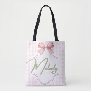 Personalized Melody Baby Girl Nursery Bow&Gingham Tote Bag