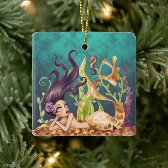Personalized Mermaid and Seahorse Under the Sea Ceramic Ornament (Tree)